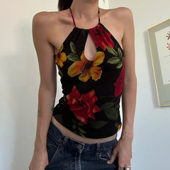 Retro Floral Print Camis Vintage 2000s Drawstring Hollow Out Halter Crop Tops Women Sexy Streetwear Y2k Tees Summer Lady