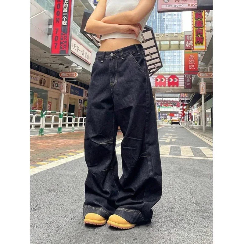 pantsparadises Grunge Black Jeans Women Y2k Vintage Oversized High Street Wide Cargo Denim Trousers Casual Baggy Straight Denim Pants