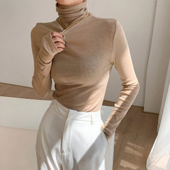 pantsparadises Turtleneck Long Sleeve Women T-shirts Autumn Winter Basic Base Shirt Woman Casual Slim Tee Shirts Female Tops