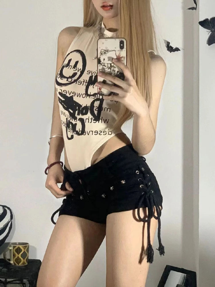 pantsparadises Shorts Women Skinny Creativity Lace-up Popular Streetwear Daily Personality Students Holiday Fashion Sexy American Retro Leisure