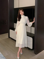 DRESS TO IMPRESS Spring Turtleneck White Midi Dress Women Long Sleeve French Elegant Temperament One Piece Dress Evening Party Prom Robe Female