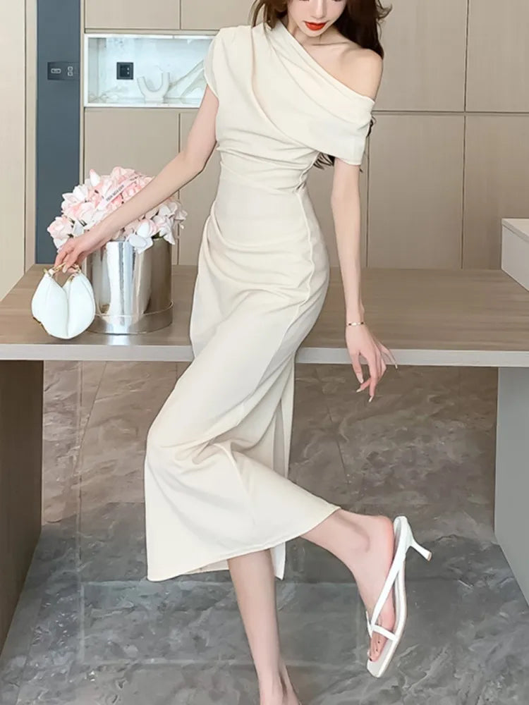 pantsparadises DRESS TO IMPRESS Elegant Off Shoulder Evening Party Dresses Women Summer Fashion Slim One Piece Solid Vestidos Korean Graduation Robe Clothing