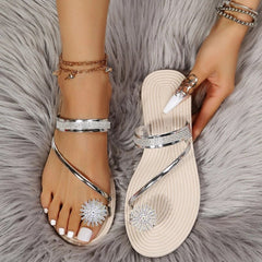 pantsparadises Flat Sandals for Women Dressy Summer Sparkly Rhinestone Slide Beach Shoes Women's Dress Shoes Bling Trendy Ladies Sandals