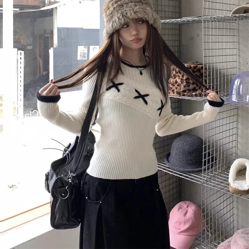 pantsparadises Korean Style Elegant Sweaters Sweet Vintage Long Sleeve Knitted Pullover Autumn Winter Patchwork Sweaters Aesthetics