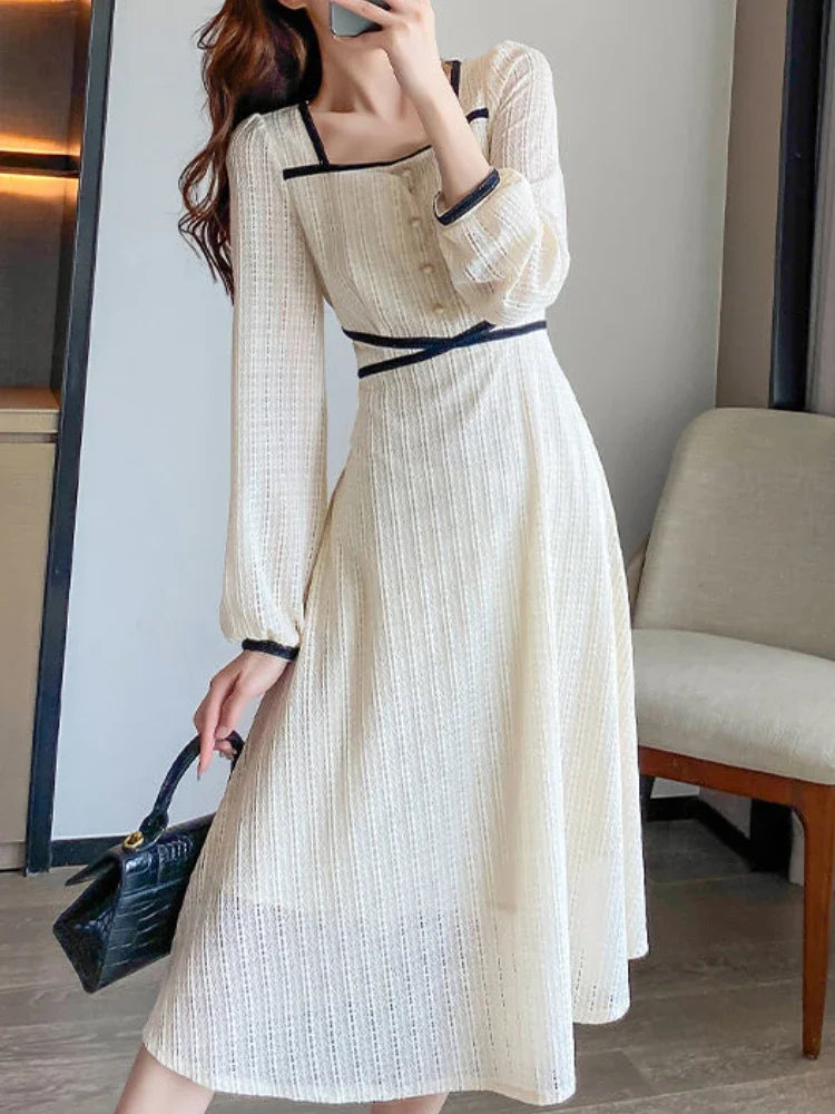 pantsparadises DRESS TO IMPRESS 2024 Spring Elegant Korean Midi Dress Women Fashion Slim Long Sleeve Fairy Dress Female Casual Sweet Office Lady Party Dress Y2k