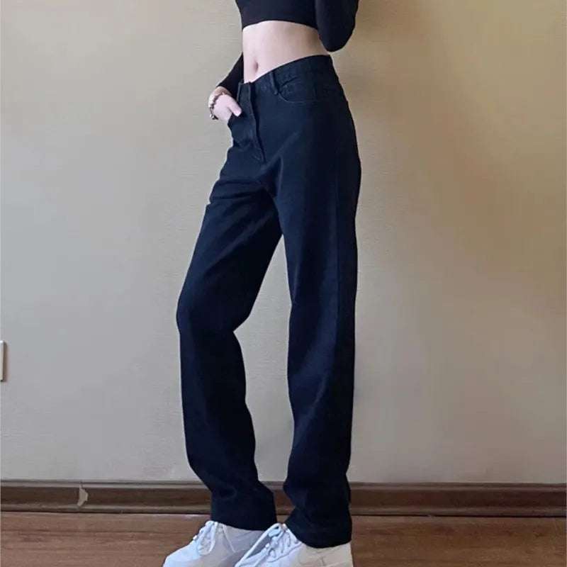 pantsparadises New Arrival OL Work Women Denim Jeans Straight Classic Black Loose Casual Pants Dropship New Arrivals Daily Toursers Female