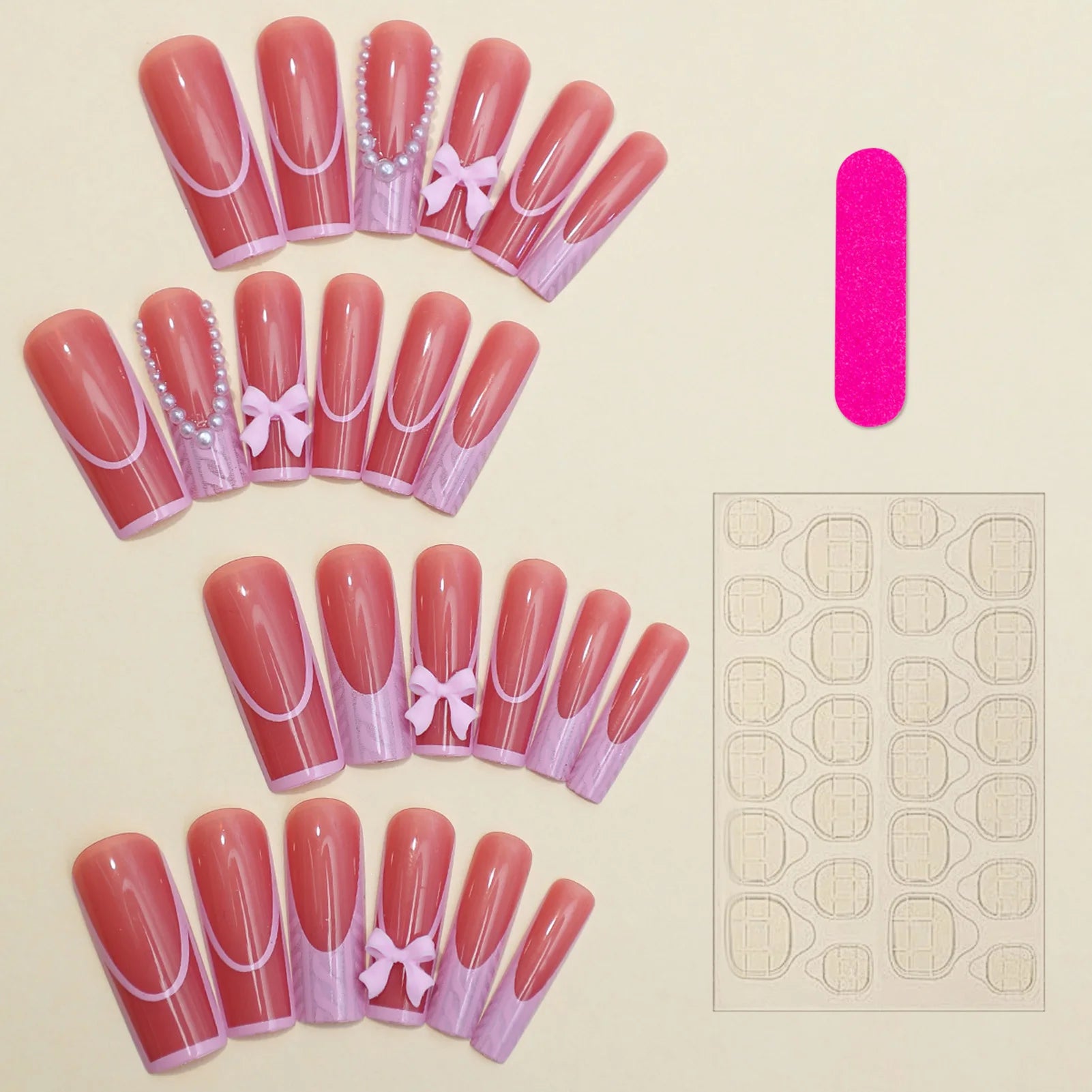 pantsparadises French Pink Press on Nails with Pearl Sweet & Charming Reusable False Nails for Shopping Traveling Dating