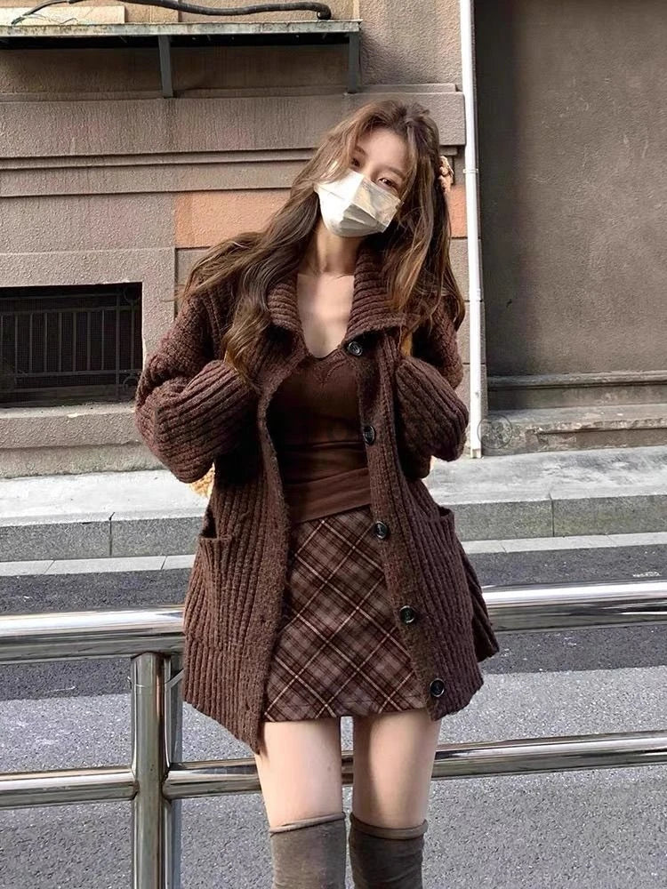 pantsparadises comfy outfits winter Preppy Style Sweet New 3 Piece Set Women Vintage Elegant Knitted Skirt Suit Female Korean Fashion Plaid Casual Sets Winter