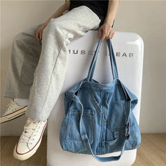 pantsparadises BACK TO SCHOOL Denim Tote Bags for Women and Man Large Capacity Design Handbag Unisex Casual Blue Shoulder Shopping Pack Jeans Japan Style Y2K