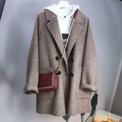 Women's Herringbone Pattern Woolen Jacket, Imitation Cashmere Blazer, Korean Loose Thick Coat