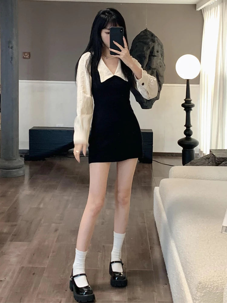 pantsparadises Preppy Long Sleeve Mini Dresses for Women Korean Fashion Style Cute Sexy Peter Pan Collar A-line Fake 2 Pcs Casual Vestidos Chic