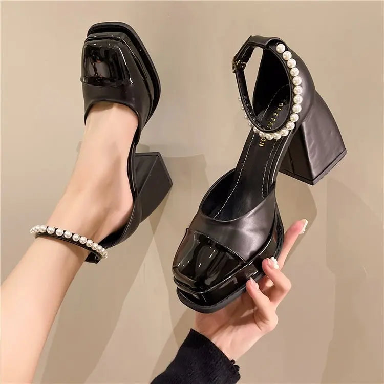 pantsparadises Women Heels Platform Shoes Mary Jane Shoes for Women 2024 Chunky Heels Buckle Strap Pumps Woman Thick Bottom Pearl Sandals