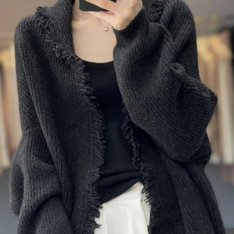 pantsparadises Knitted Top for Women Black Cardigan Long Ladies Sweaters Jumper Korean Luxury Clothes Sleeve Autumn Winter 2024 Cashmere Trend