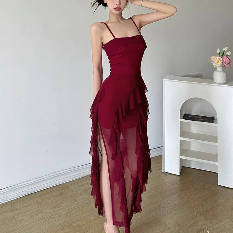 pantsparadises DRESS TO IMPRESS New Sexy Backless Lace-up Sling Dresses Summer High Waist Women's Dress Solid Slim Fashion Slash Neck Ruffled Midi Dress