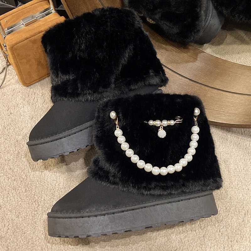 pantsparadises Winter New String Bead Plush Women's Boots Warm Stylish Thick Platform Slip On Boots Faux Fur Plus Size 43 Ankle Botas Shoes