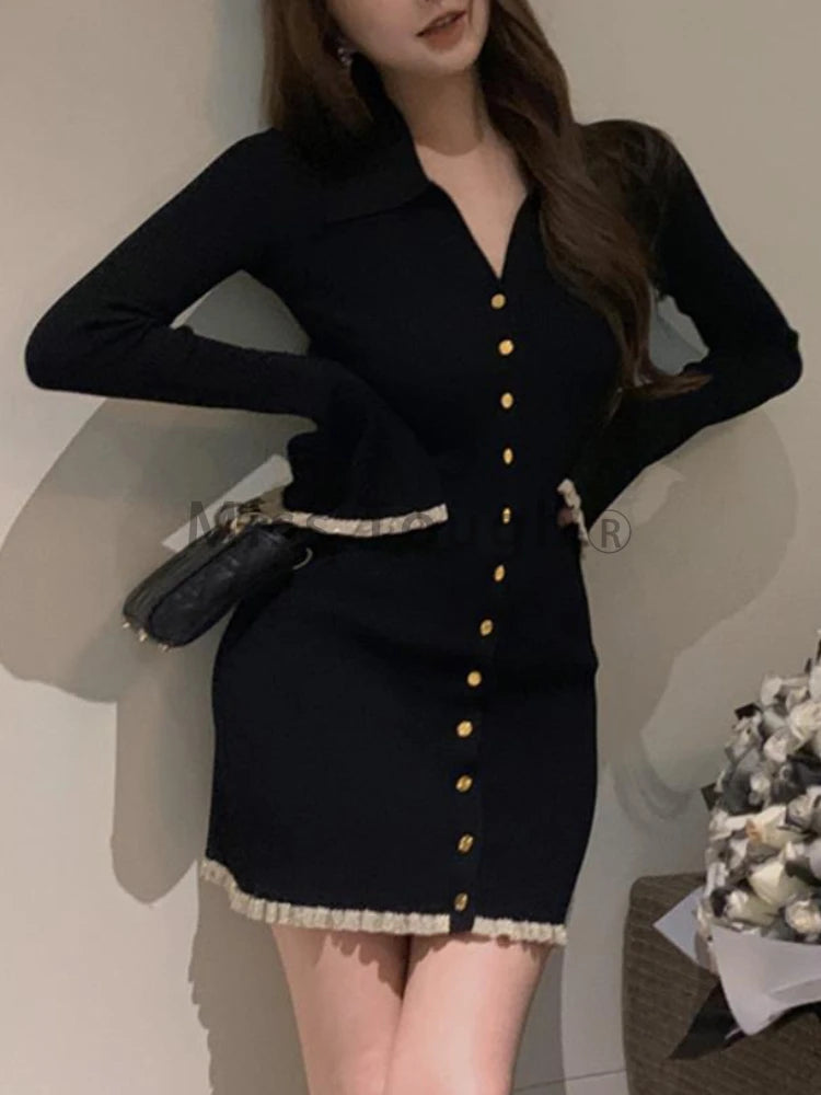 pantsparadises DRESS TO IMPRESS Winter Knit France Vintage One Piece Dress Women Sexy V-neck Elegant Sweater Mini Dress Female Korean Style Chic Dress New