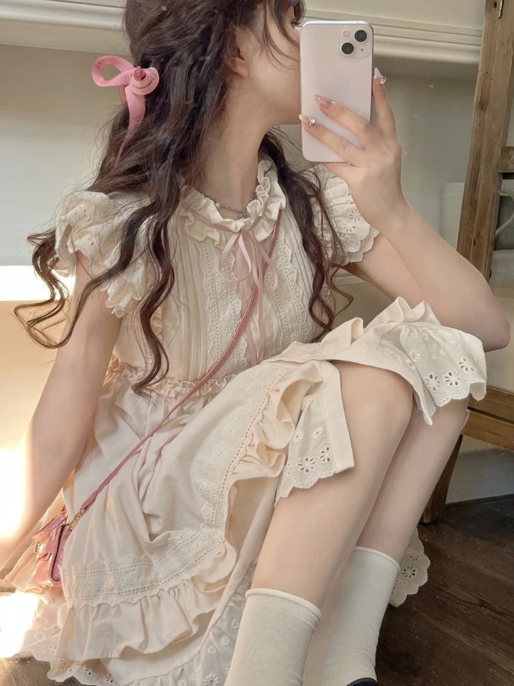 pantsparadises Summer Lolita Kawaii Mini Dress Women Flying Sleeve Japanese Sweet Cute Dress Female Korean Style Ruched Fairy Dress