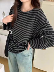 pantsparadises Autumn Women Harajuku Striped T Shirt Long Sleeve O-Neck Casual Oversize Top Femme Streetwear Black Grey Loose Street Tops Y2K