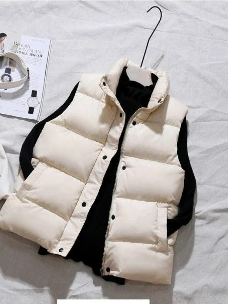 pantsparadises warm winter outfits Women Winter Warm Cotton Padded Puffer Vests Sleeveless Parkas Jacket