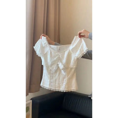 pantsparadises Lace White Slim Kawaii Cute Women Clothes T Shirt Suit Harajuku Sexy Sweet Girl Japanese Grunge Crop Top 90s Baby Tee Femme Y2k