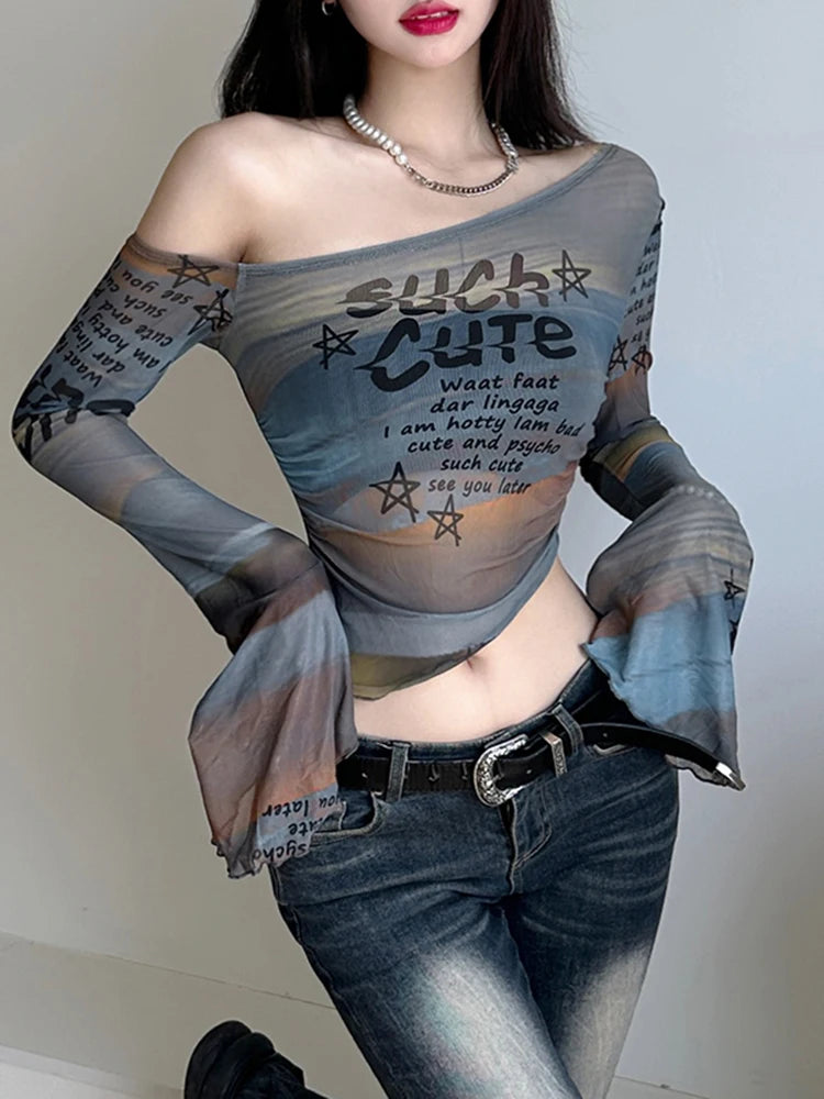 Asymmetry Mesh T Shirts for Women Sexy See Through Long Sleeve Print Crop Tops y2k Grunge Print Shirts Vintage Coquette