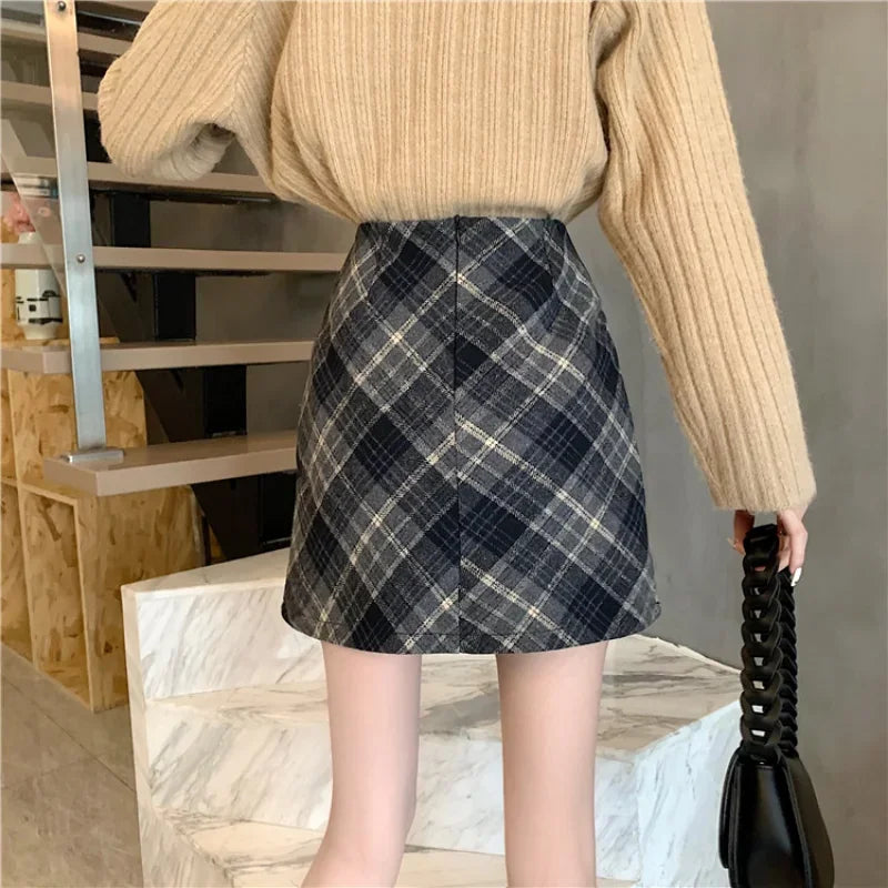 pantsparadises Skirts Women Woolen Tender Fashion High Waist Retro Plaid Elegant A-line Casual Ladies Minimalist All-match Autumn Korean Style