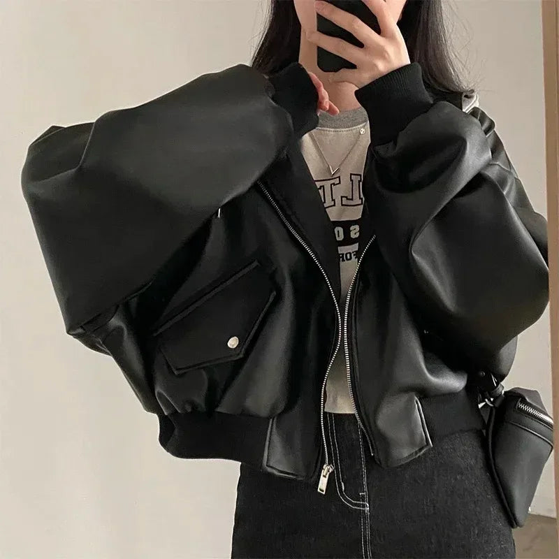 pantsparadises outfit inspo winter Fashion Hooded Loose Leather Jackets Women Fashion Faux Leather Coats Spring Autumn Korean PU Jackets