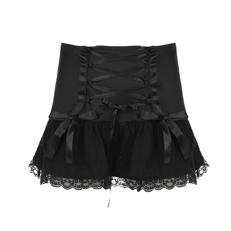 pantsparadises DRESS TO IMPRESS Cross Lace Up Mini Skirts Black Gothic Low Waist Women Pleated Skirt Y2k Punk Dark Academic Grunge Streetwear Female