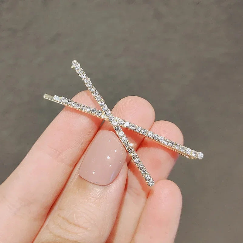 pantsparadises 2pcs Cross Crystal Hairpins Rhinestone X Hair Clips Barrettes Simple Side Clip Bridal Headwear Girl Fashion Hair Accessories New