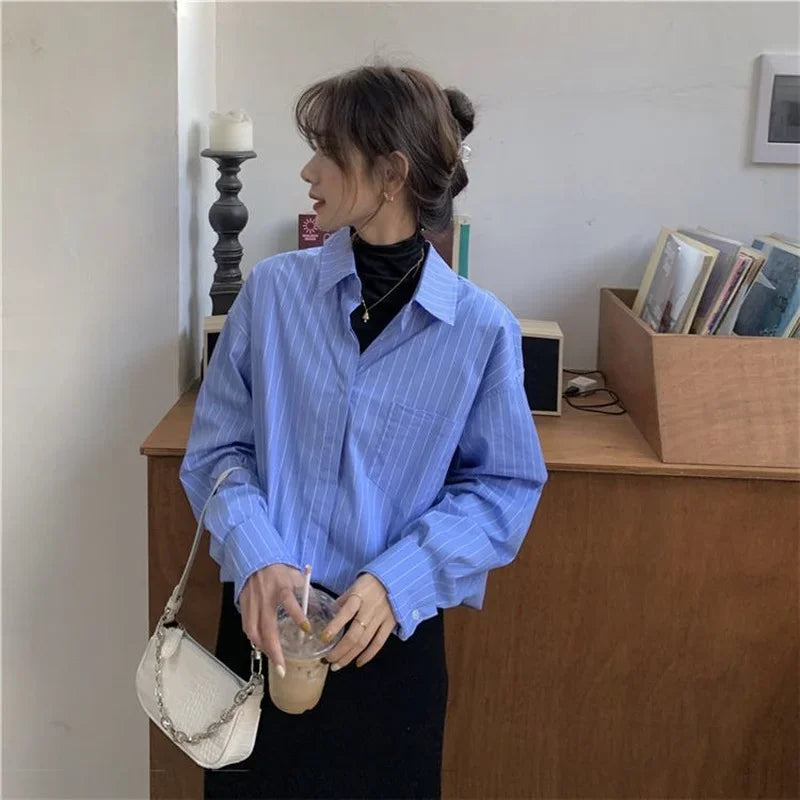 pantsparadises Shirts Women Blue Striped Loose Harajuku Long Sleeve Casual Spring Tops Students All-match Fashion Simple Korean Ulzzang Chic BF