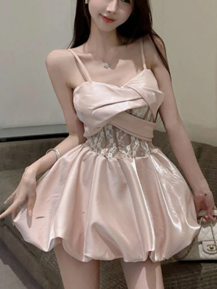 pantsparadises French Fashion Princess Elegant One Piece Dress Women Summer New Pink Slim Mini Dress Female Y2k Vintage Sleeveless Dress 2024