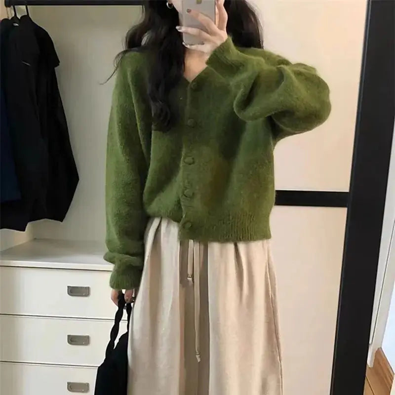 pantsparadises FALL OUTFITS Autumn New V Neck Knitted Cashmere Cardigan Women Korean Casual Solid Color Single Breasted Long Sleeved Sweater Outwear