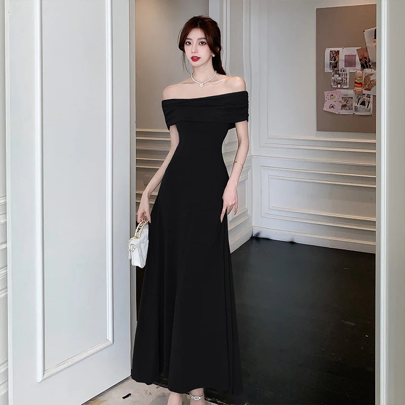 pantsparadises New Elegant Solid Strapless Long Dress for Women Summer 2024 Sexy Slim High Waisted Off Shoulder Party Evening Dresses Korean