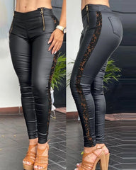 pantsparadises Women Pants Autumn Fashion Crochet Lace Patch Zipper Design PU Leather High Waist Skinny Long Pants Female