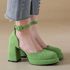 pantsparadises Green Ankle Strap Platform Pumps Women Corduroy High Heels Mary Jane Shoes Woman Elegant Chunky Heeled Party Dress Shoes