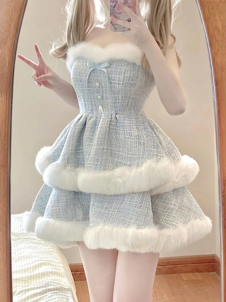 pantsparadises Winter Kawaii Lolita 2 Piece Dress Set Sweet Short Coat Warm + Cute Fashion Y2k Mini Dress Party Japanese Style Suit Woman