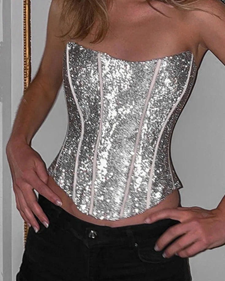 Clubwear Sparkle Glitter Corset Top Sexy Slim Solid Slash Neck Sleeveless Tank Tops Women Summer Fashiin Ladies