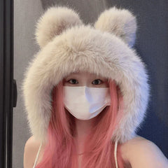 pantsparadises Women Winter Warm Kawaii Fox Fur Imitation Mink Plush Hat Thickened Cute Bear Ear Japanese Bomber Hat Ear Protection Cosplay Cap