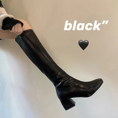 pantsparadises Knee-length Boots Women Women's Rubber Shoes Sexy Square Heel Thigh High Heels Luxury Winter Heeled Booties Black