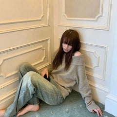 pantsparadises Y2k Vintage Off Shoulder Knit Sweater Women Autumn Korean Fashion Aesthetic Harajuku Jumper Gyaru Sexy Pullover Loose