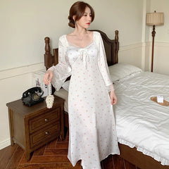 pantsparadises Retro Court Style Square Collar Long Sleeve Nightdress New Spring Women Nightgown Sleepwear Sweet Print Flower Lace Home Dress