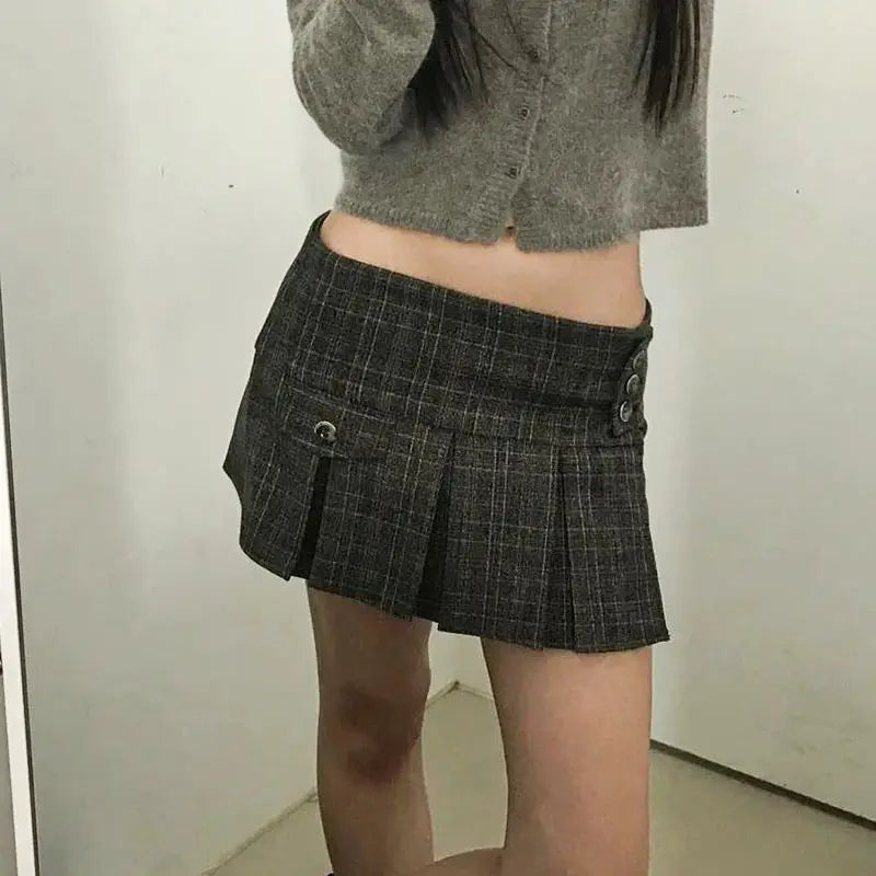 Vintage Plaid Buttons Irregular Hem Pleated Mini Skirt Women Summer Coquette Aesthetic Y2K Outfits Hot Girl Short Skirt