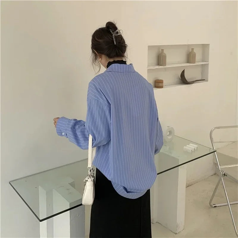 pantsparadises Shirts Women Blue Striped Loose Harajuku Long Sleeve Casual Spring Tops Students All-match Fashion Simple Korean Ulzzang Chic BF