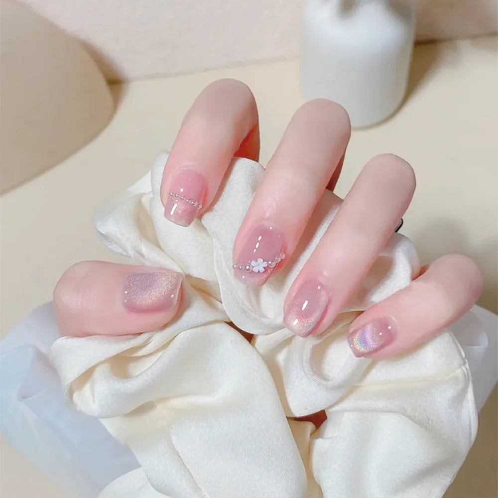 pantsparadises Medium Length Fake Nails 3D Flower Pearl Designs Nude Pink Color Press on Nails Ballerina False Nails for Women DIY Manicure