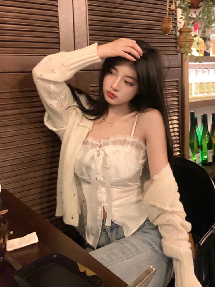 pantsparadises Summer Pure Color Lace Camis Blouse Women Casual Party Elegant Sexy Crop Tops Slim Korean Style Fashion Designer Chic Vest