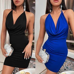 pantsparadises DRESS TO IMPRESS Sexy Mini Dress Lace Up Strap Pure Silod Party Club Elegant Y2K Hang Neck Hollow Backless Straples V Neck Elegant Evening Dresse