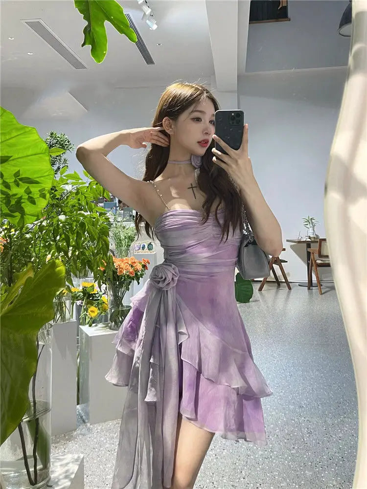 pantsparadises DRESS TO IMPRESS Purple Sexy Elegant Mini Dress Women 2024 Summer Irregular Floral Y2k Vintage Strap Dress Female Folds Design Short Party Dress