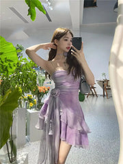 pantsparadises DRESS TO IMPRESS Purple Sexy Elegant Mini Dress Women 2024 Summer Irregular Floral Y2k Vintage Strap Dress Female Folds Design Short Party Dress