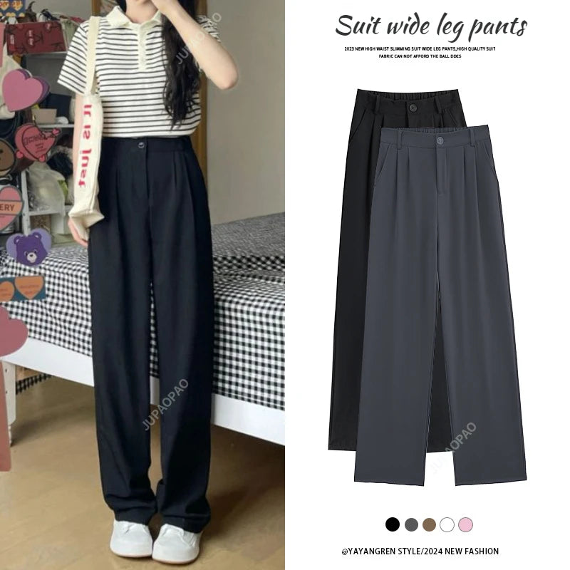 New Women’s Wide Leg Pants Women Korean Style High Waist Black Trouser Office Ladies Fashion Loose Grey Suit Trousers Streetwear