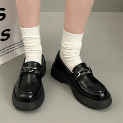 pantsparadises Chunky Heel Platform Metal Chain loafers Women Pumps Black round toe small leather shoes Female Casual Retro JK Uniform shoes